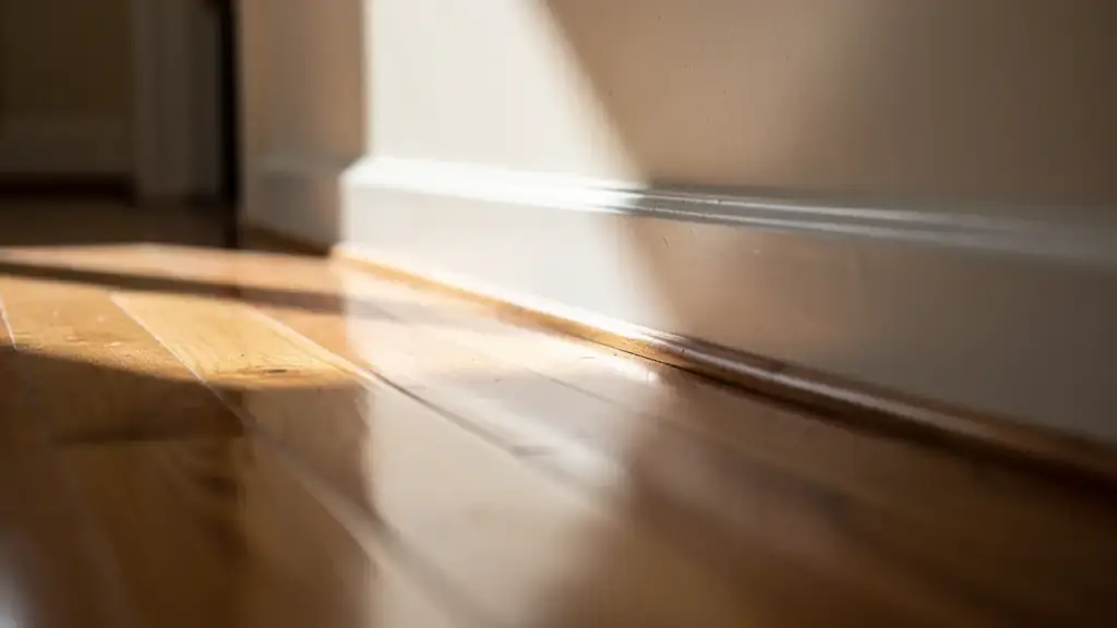 A white painted baseboard meeting polished oak floorboards in low window light