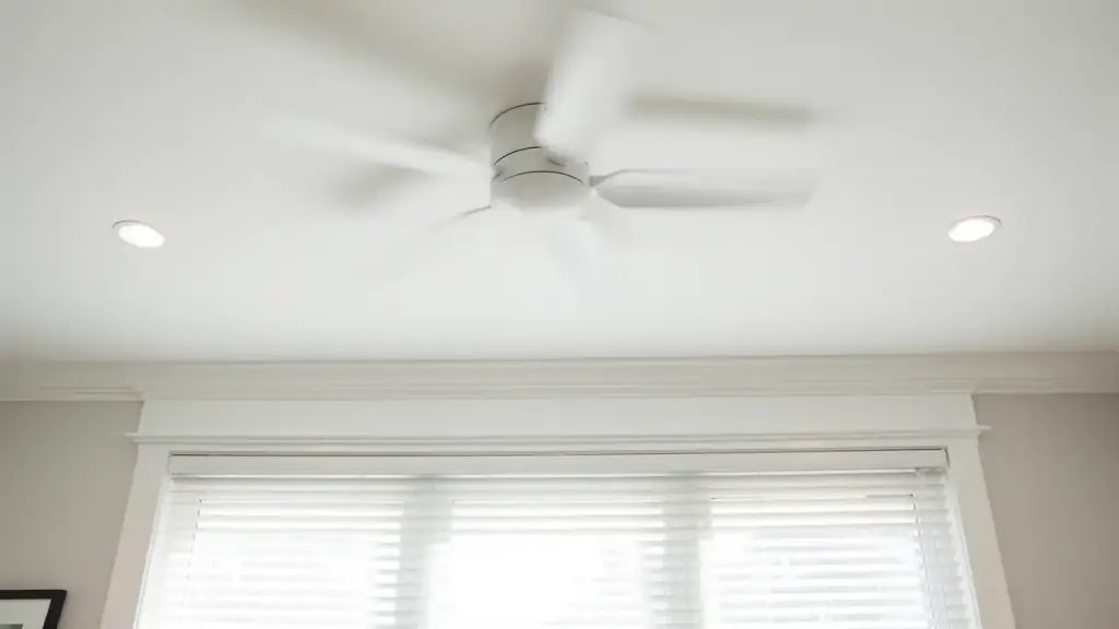 A white ceiling fan, recessed light and crown moulding above a window with open blinds