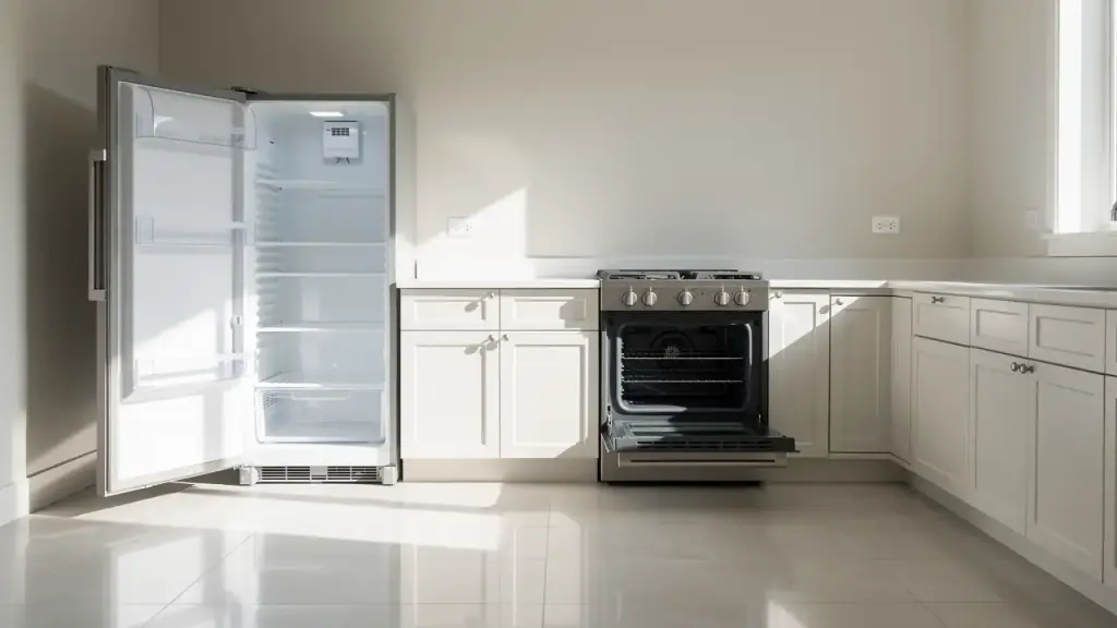 An empty kitchen with the fridge and oven open and bare shelves, white quartz counters and a tile floor.