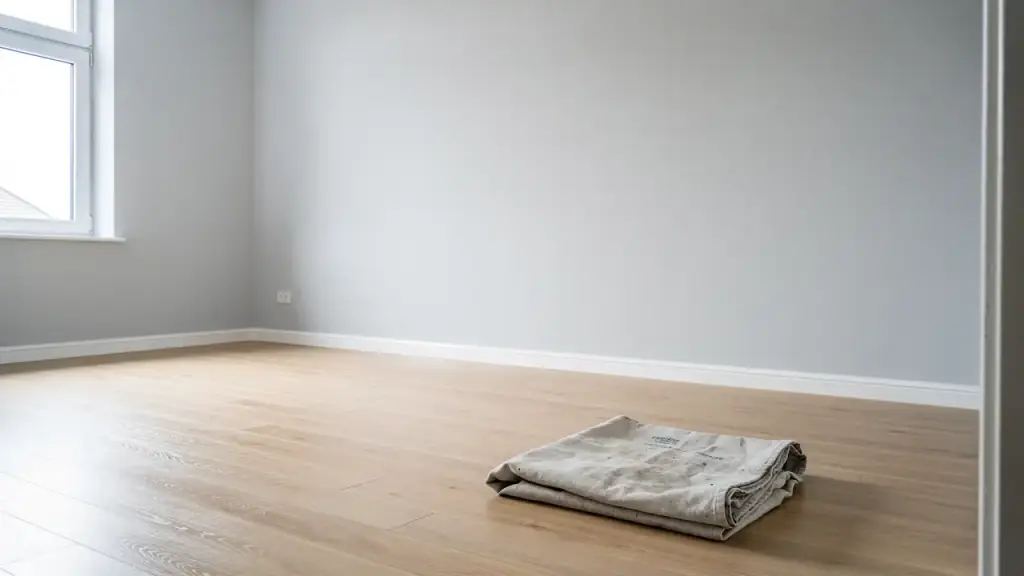 A renovated room with pale grey walls, dust-free new sills, a swept oak floor and a folded canvas drop cloth.