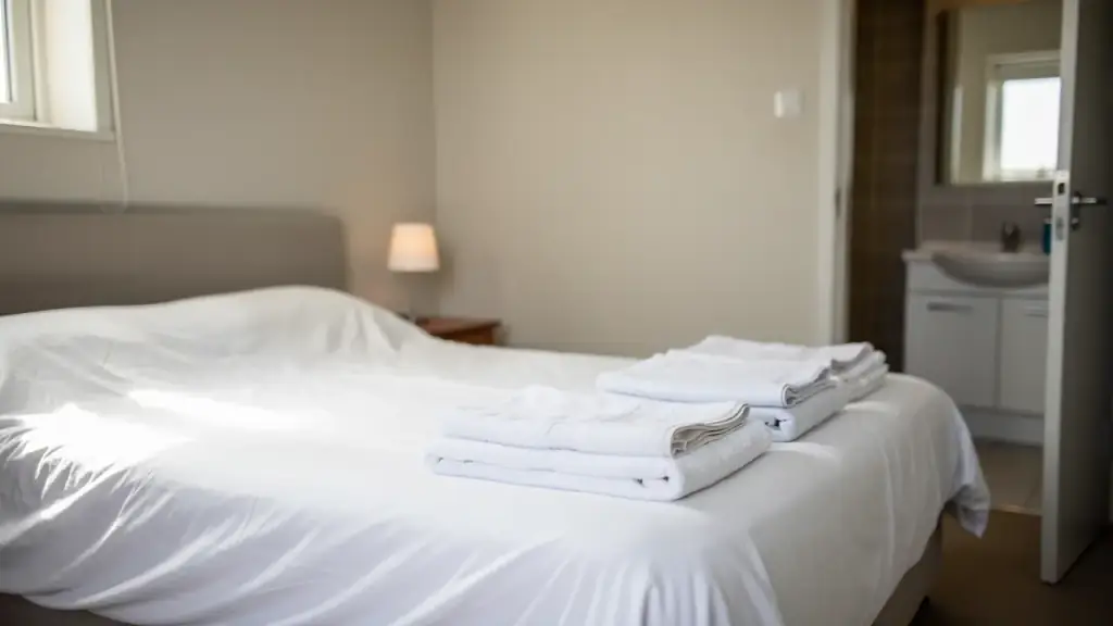 Folded white towels and fresh linens at the foot of a made bed, a bathroom through a half-open door.